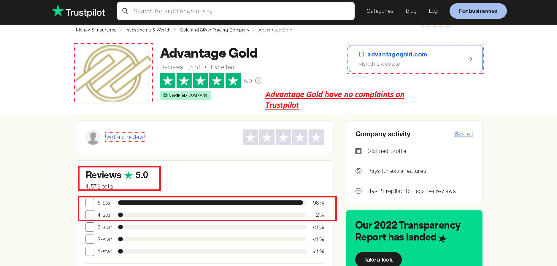 Advantage Gold has no complaints and negative reviews on Trustpilot