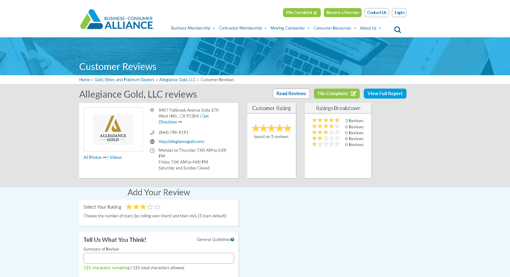 Allegiance Gold Business Consumer Alliance profile and customer reviews