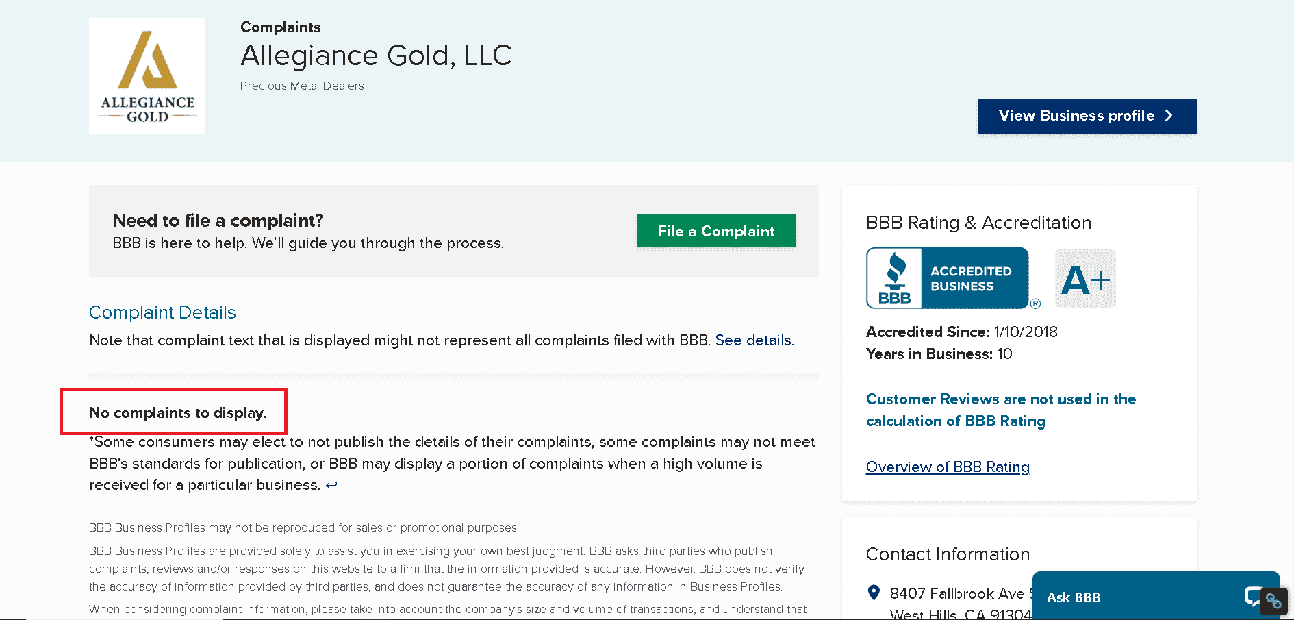 Allegiance Gold- no customer complaints and negative reviews on BBB