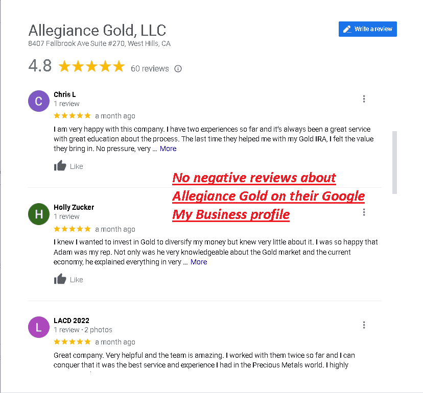 No negative reviews and complaints about Allegiance Gold on Google My Business profile