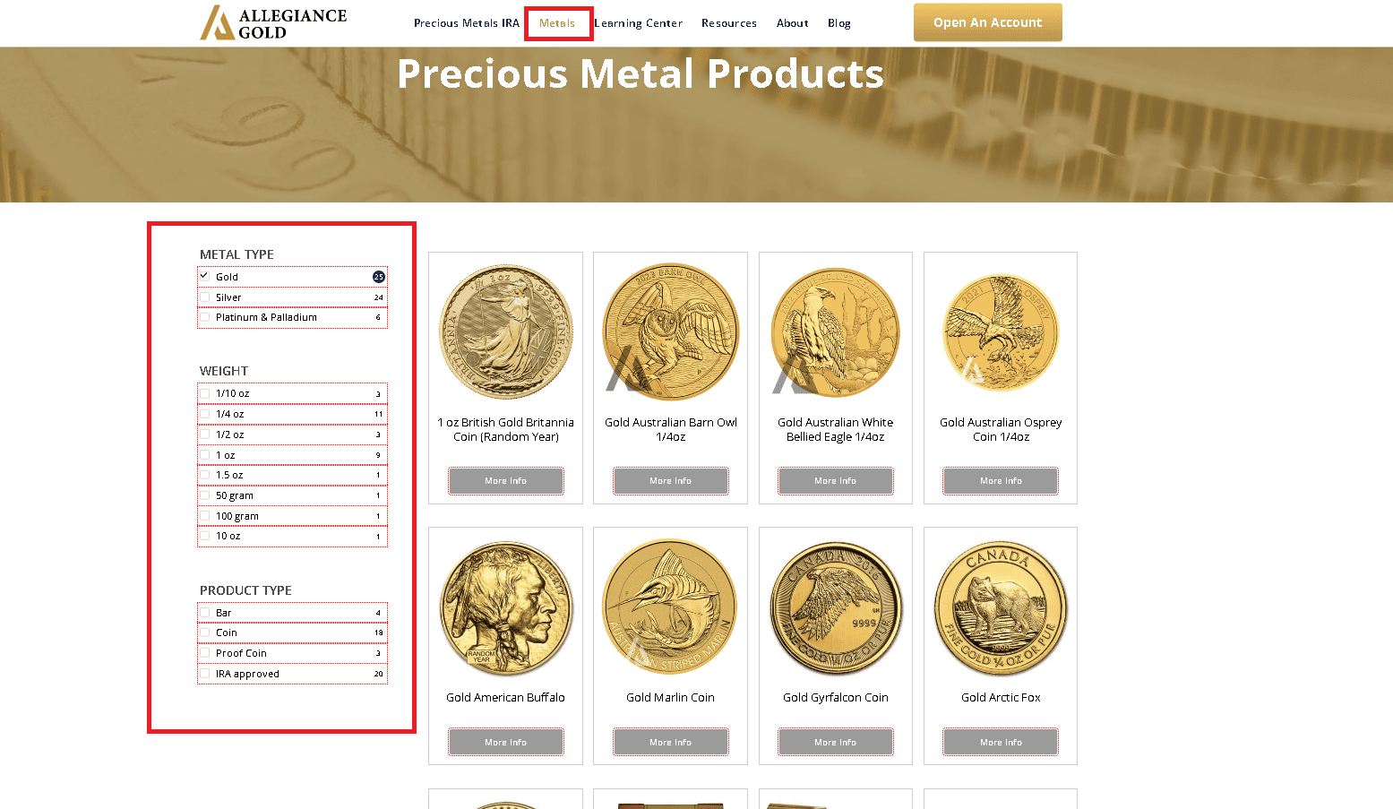 Allegiance Gold product offerings and product filters