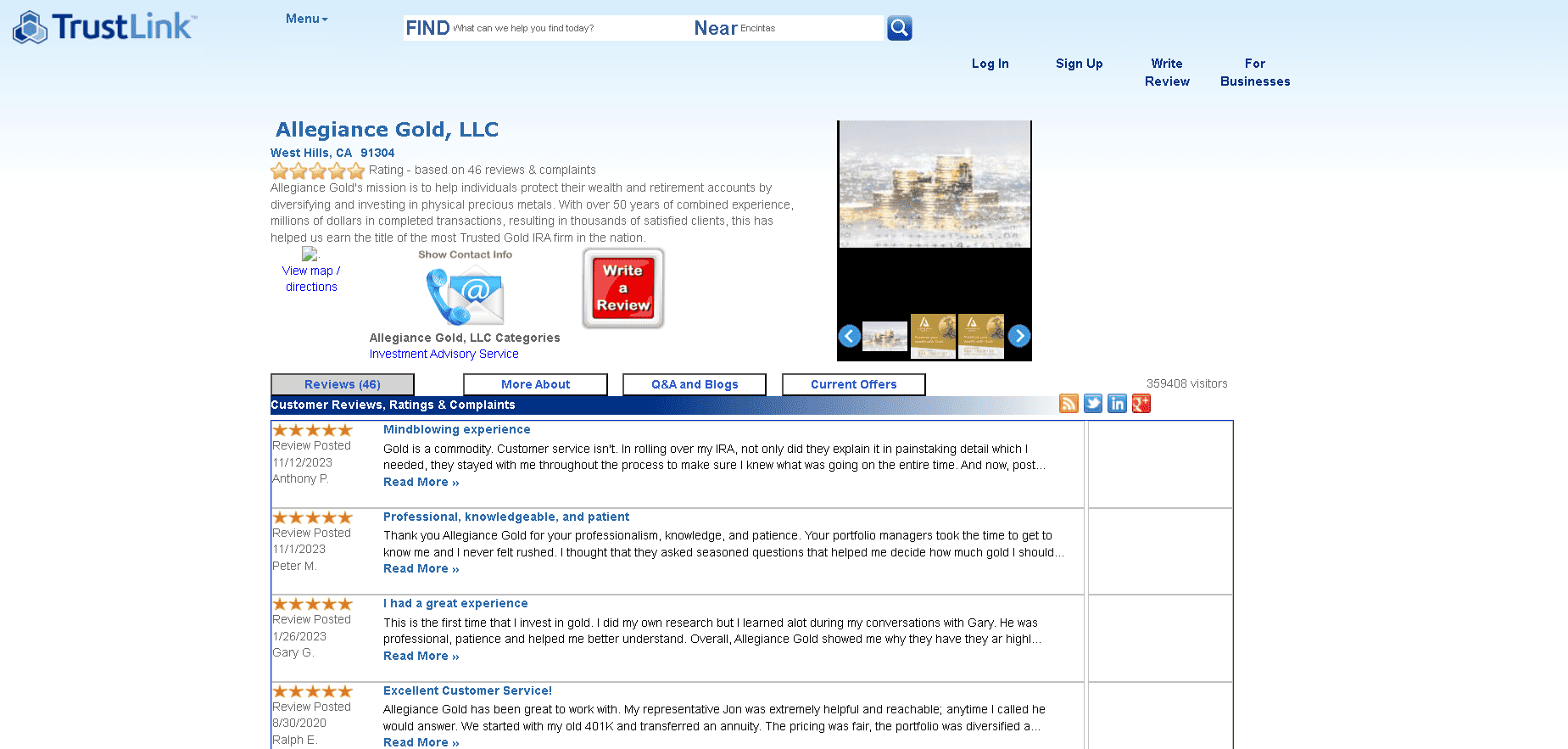 Allegiance Gold Trustlink profile and customer reviews
