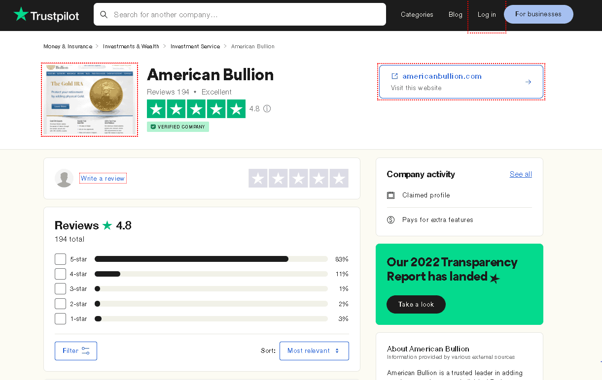 American Bullion Trustpilot profile