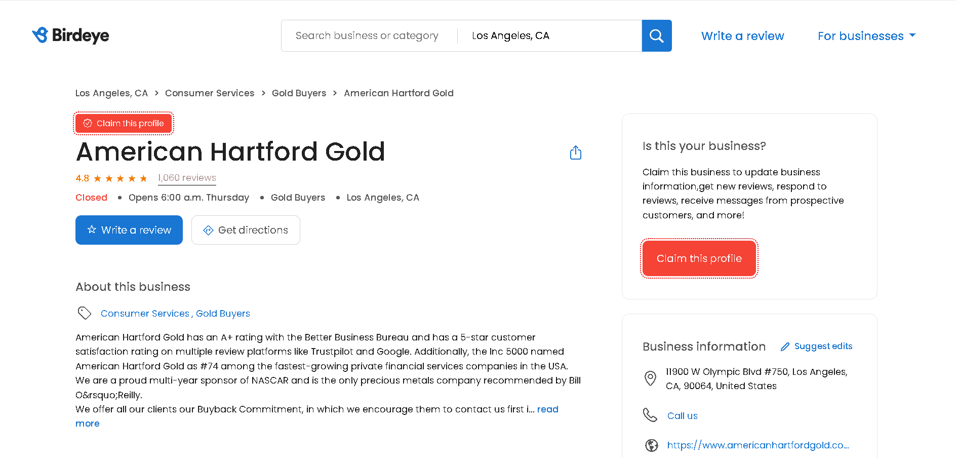 American Hartford Gold Birdeye profile and customer reviews