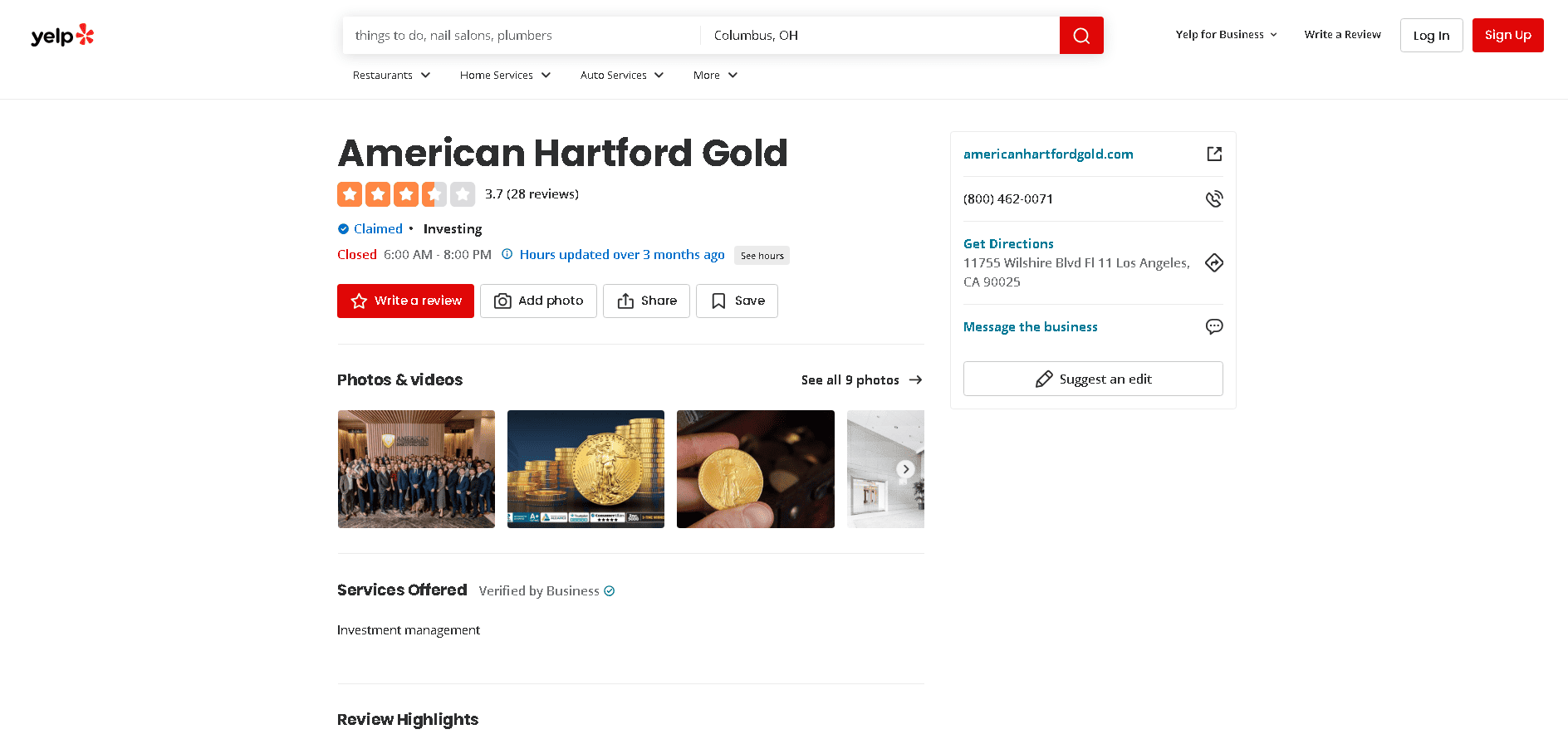 American Hartford Gold Yelp profile and customer reviews