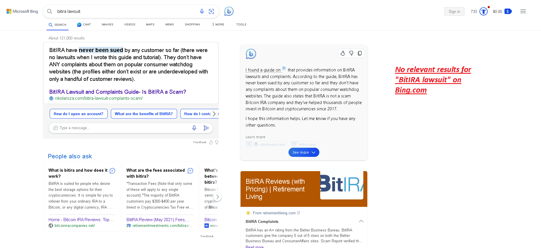 No relevant results on Bing.com about BitIRA lawsuits