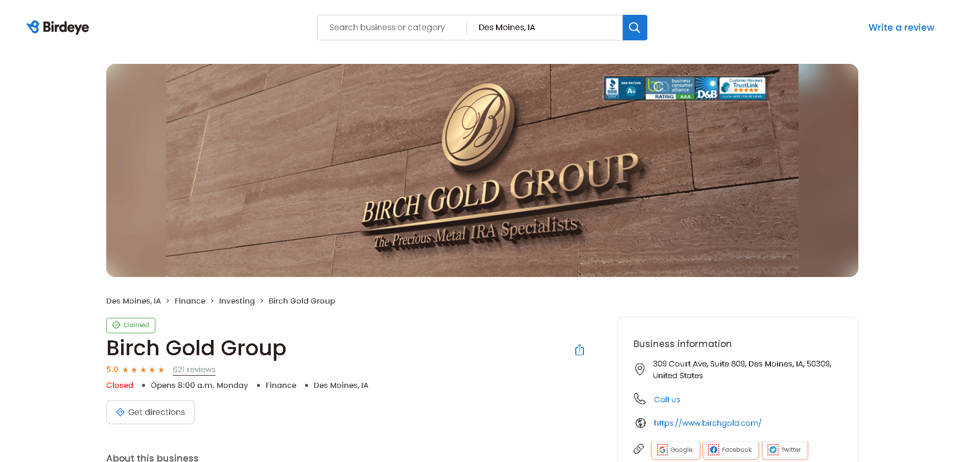 Birch Gold Group Birdeye profile and customer reviews