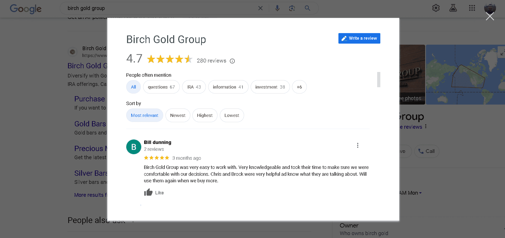 Birch Gold Group Google My Business profile and customer reviews