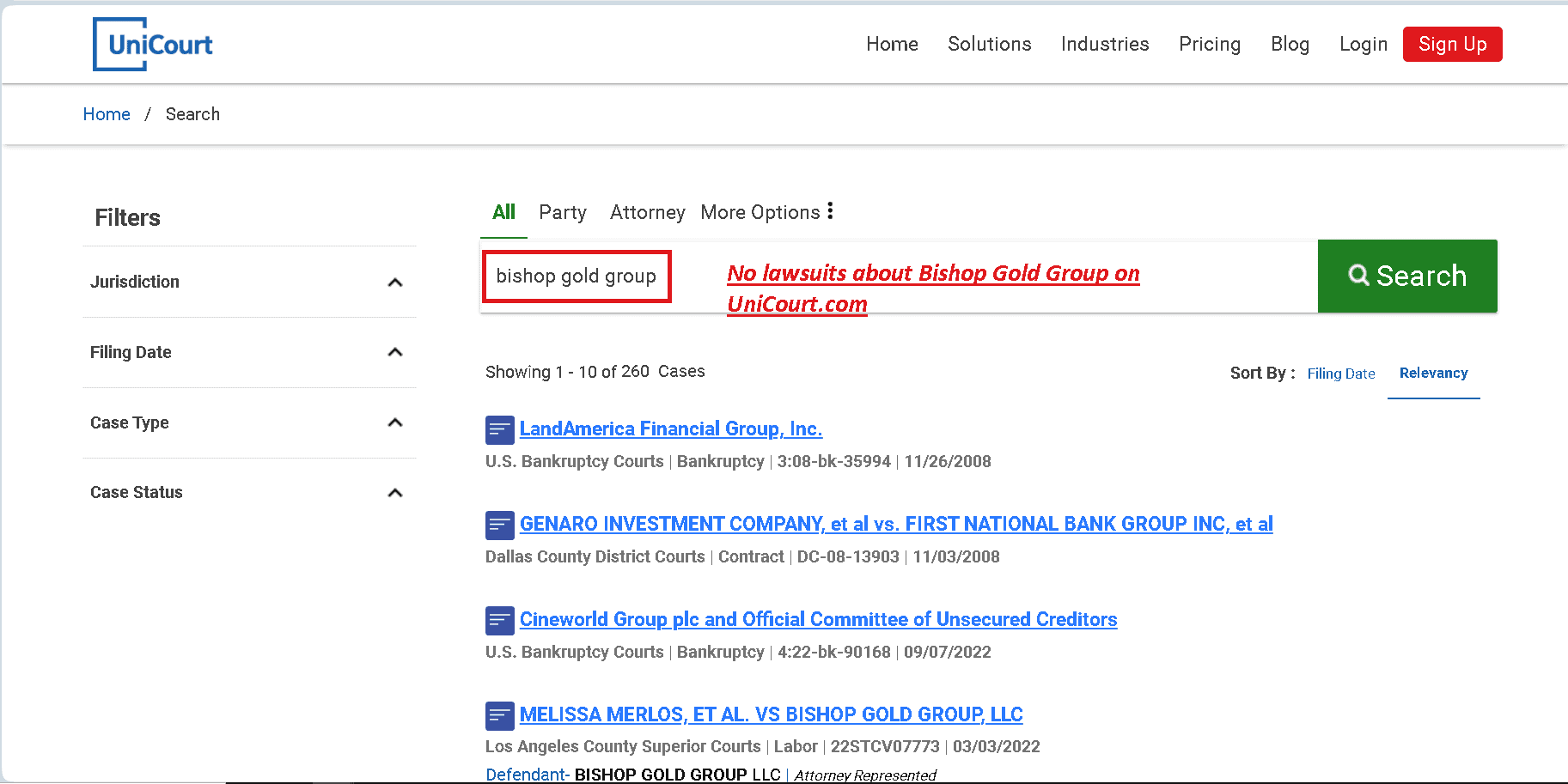 No lawsuits about Bishop Gold Group on UniCourt.com
