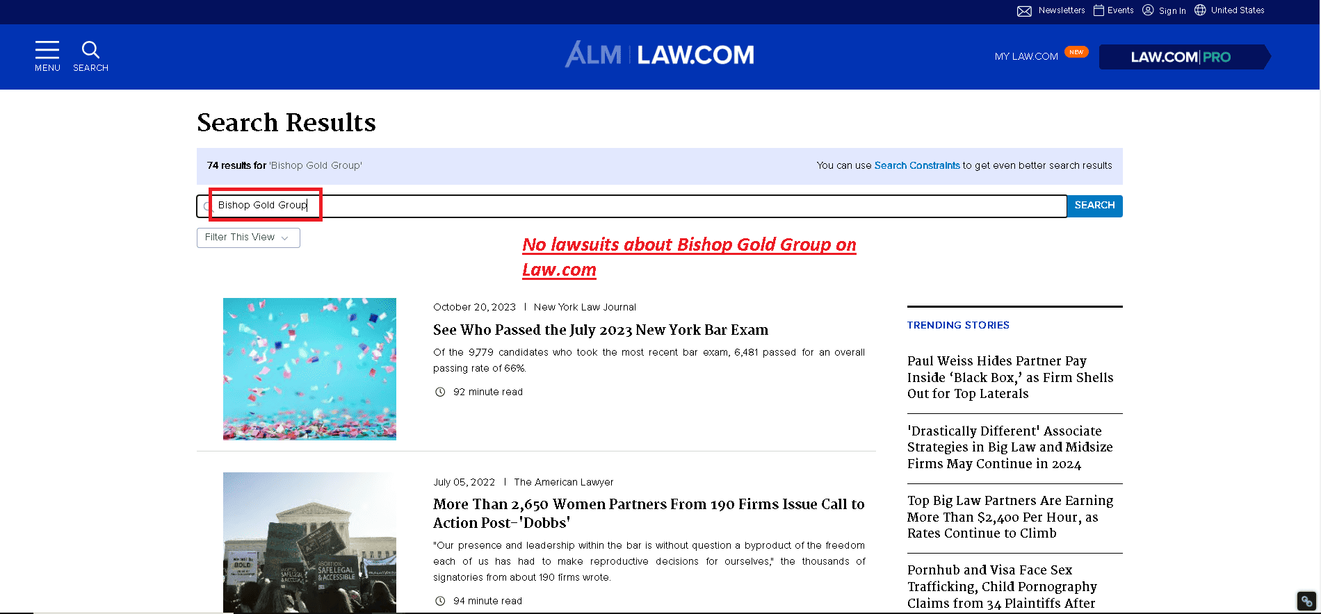 No lawsuits about Bishop Gold Group on Law.com