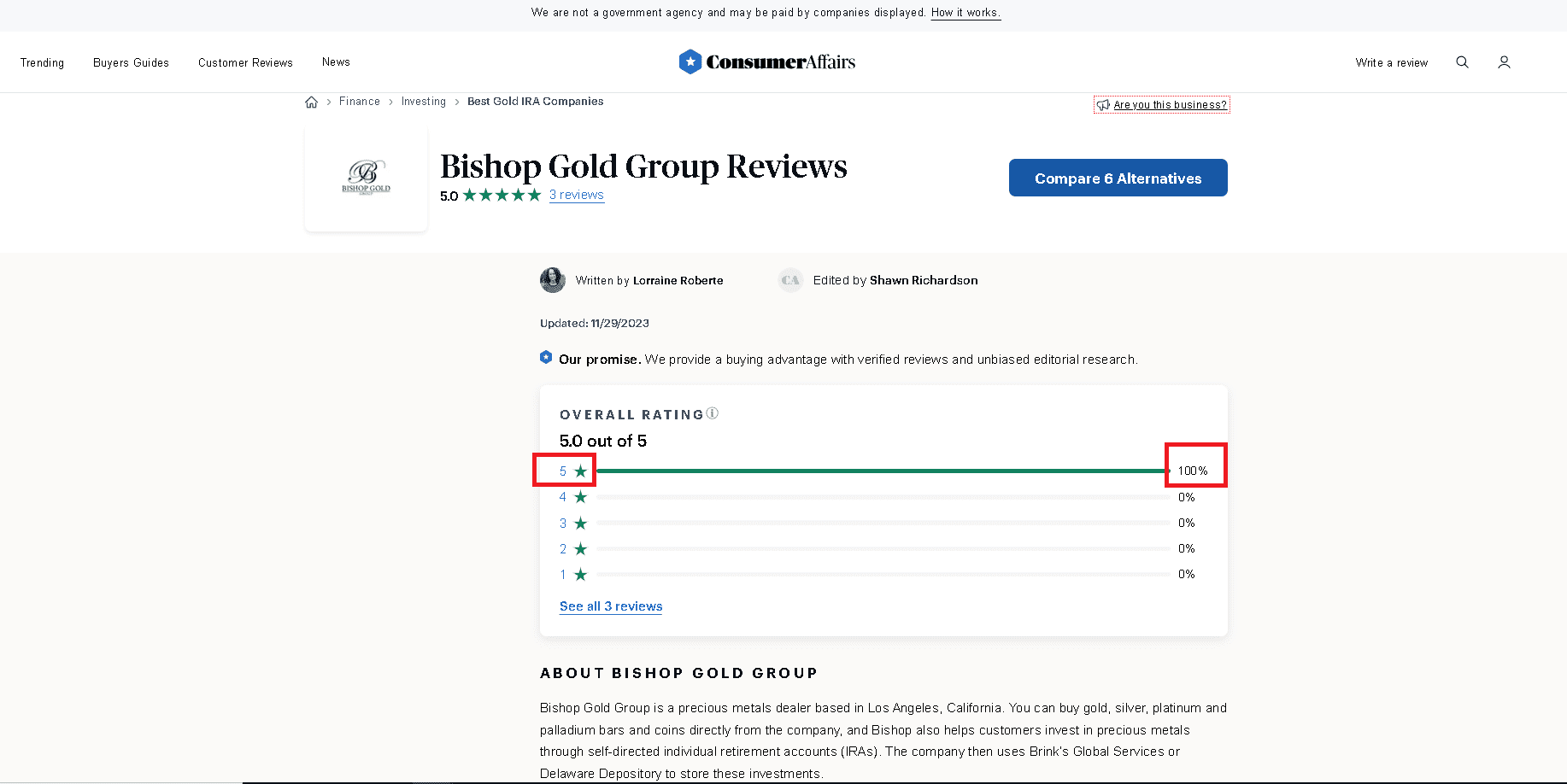 Bishop Gold Group no negative reviews and complaints on Consumer Affairs