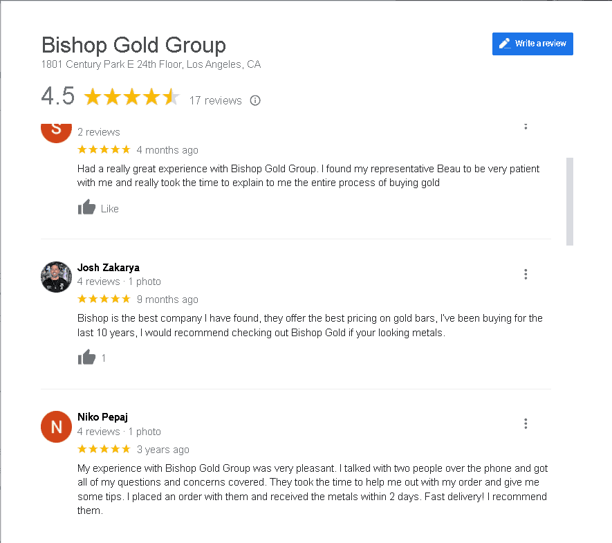 Bishop Gold Group positive customer reviews on Google