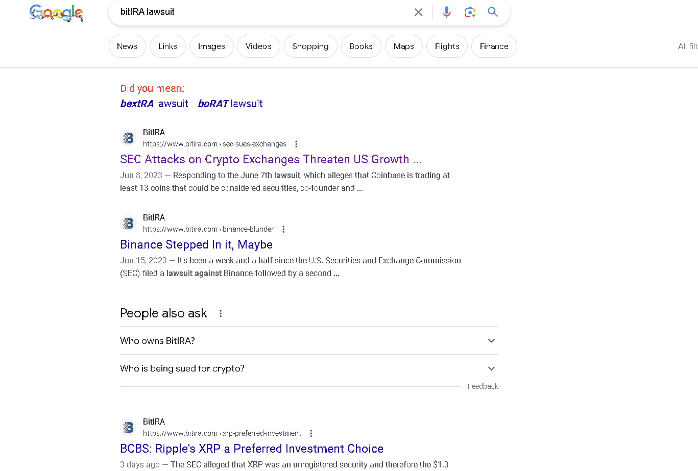 No results on Google for the query "BitIRA lawsuit"
