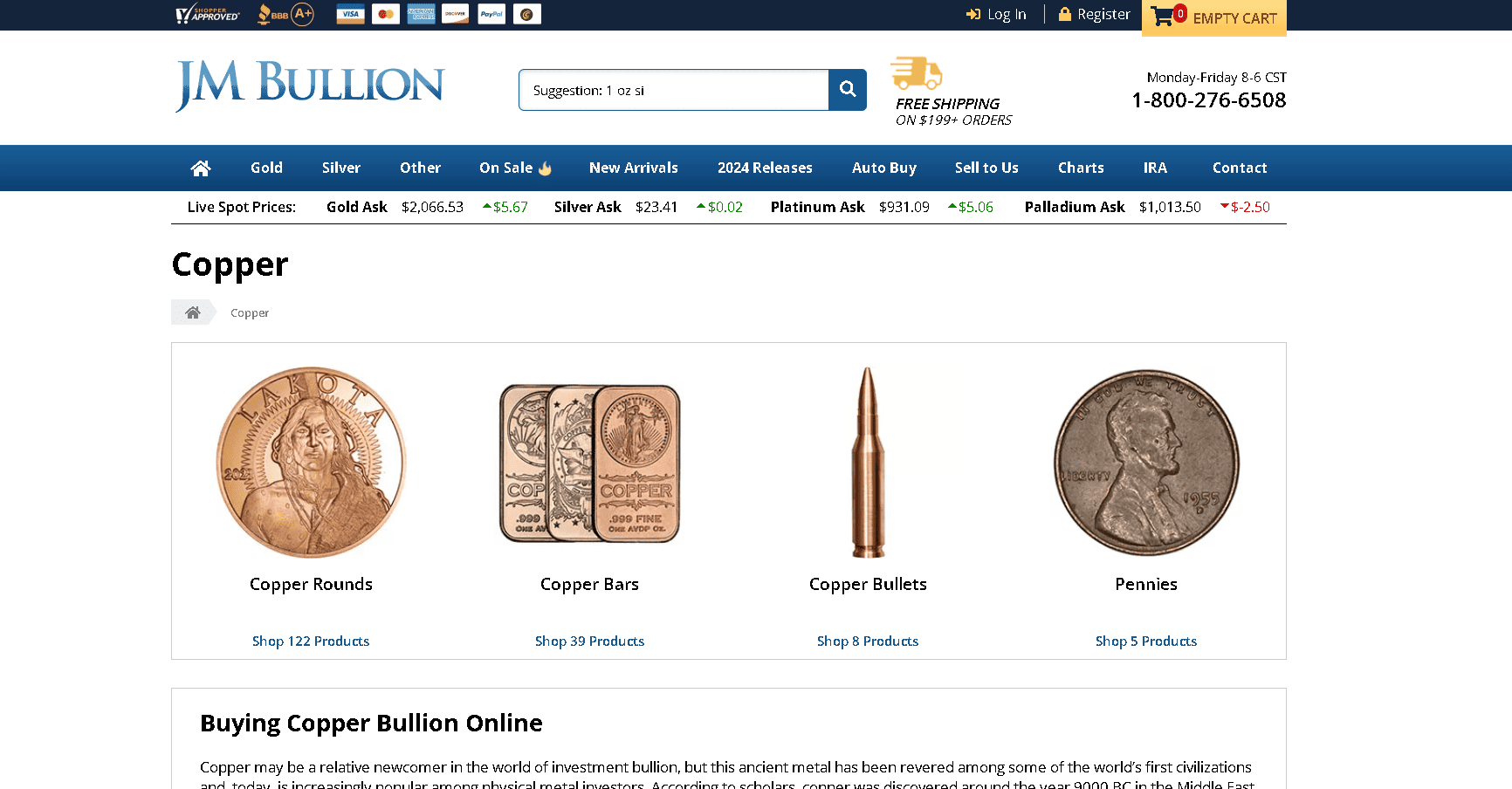 JM Bullion sell copper coins, bars and bullets