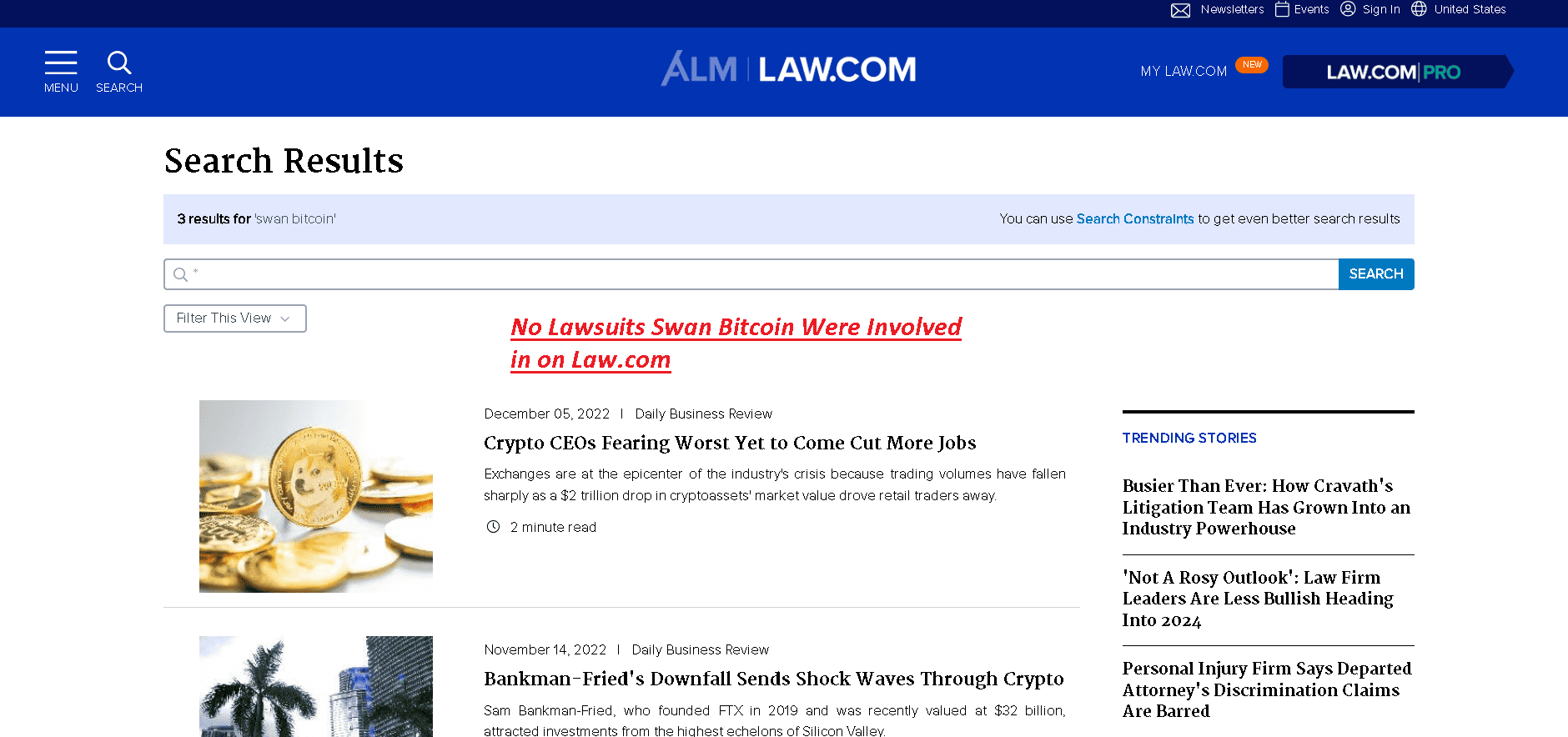 No lawsuits Swan Bitcoin were Involved in on Law.com