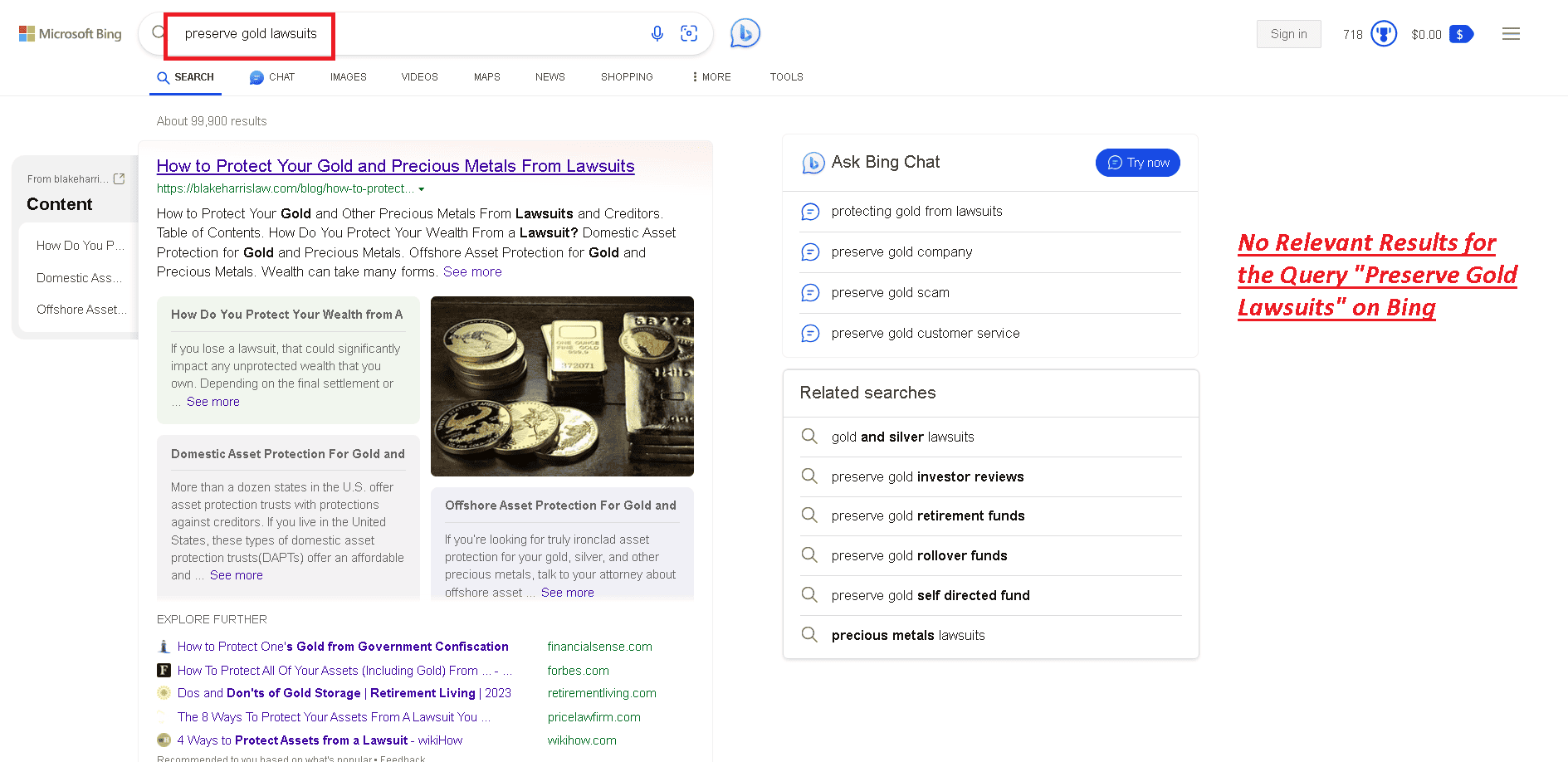 no results on Bing for the query "Preserve Gold lawsuits"