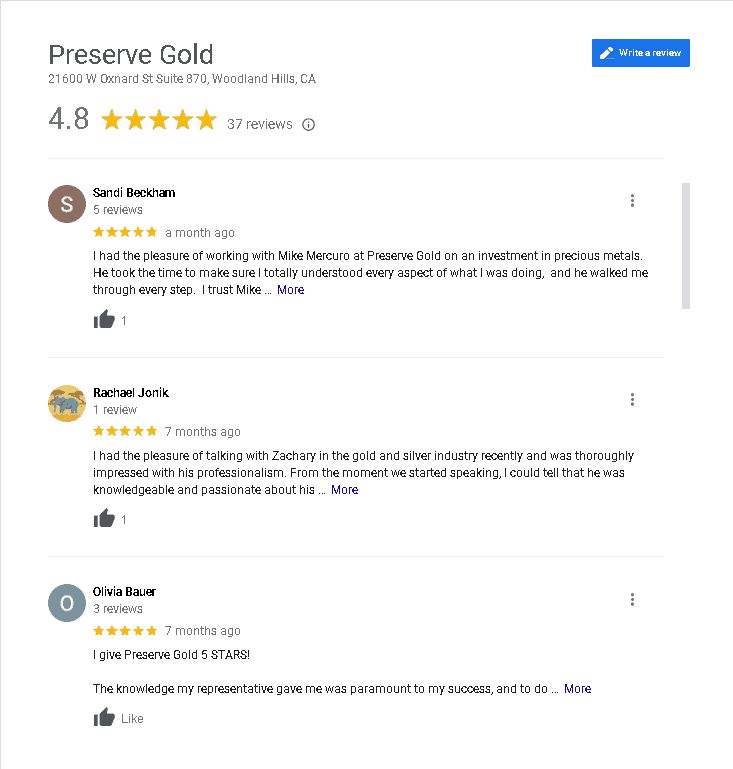 Preserve Gold positive customer reviews on Google My Business