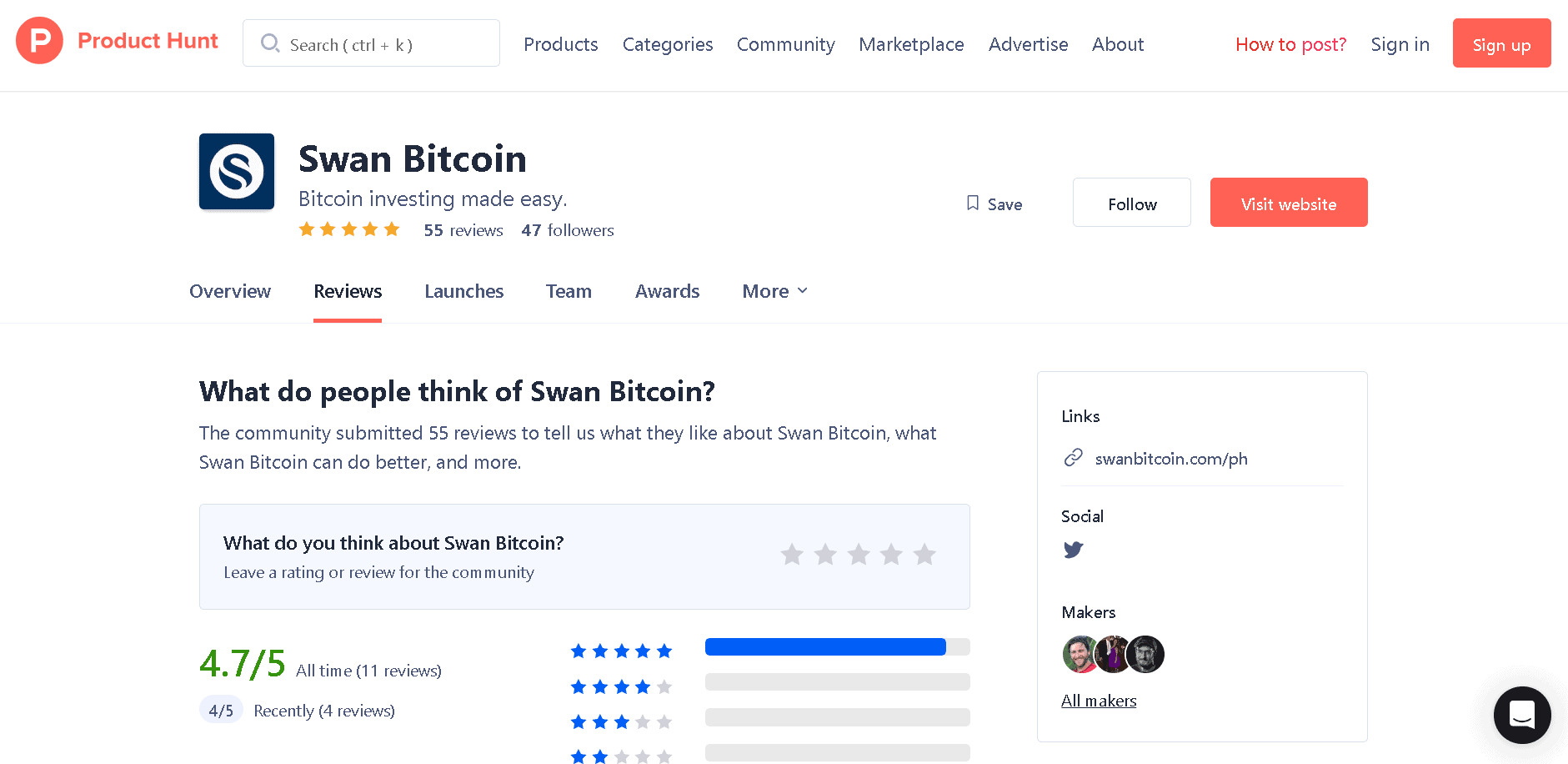 Swan Bticoin Product Hunt profile