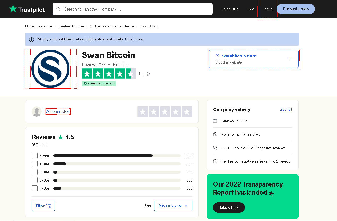 Swan Bitcoin Trustpilot profile and positive customer reviews