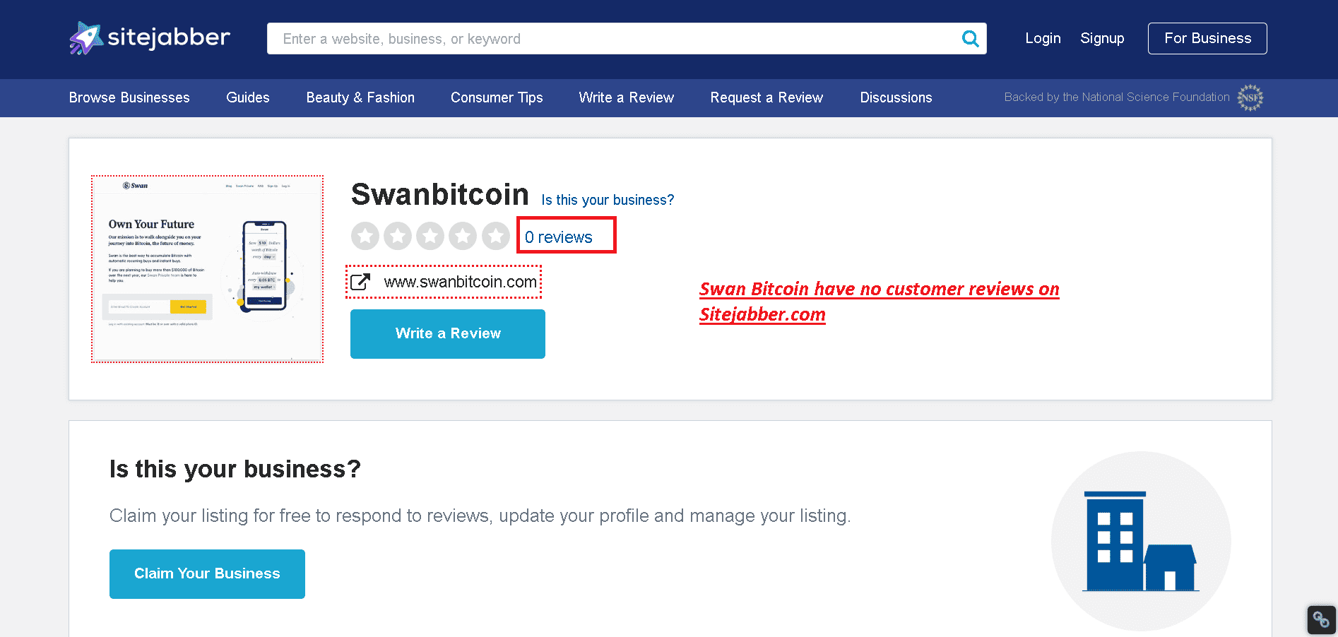 Swan Bitcoin has no customer reviews on Sitejabber