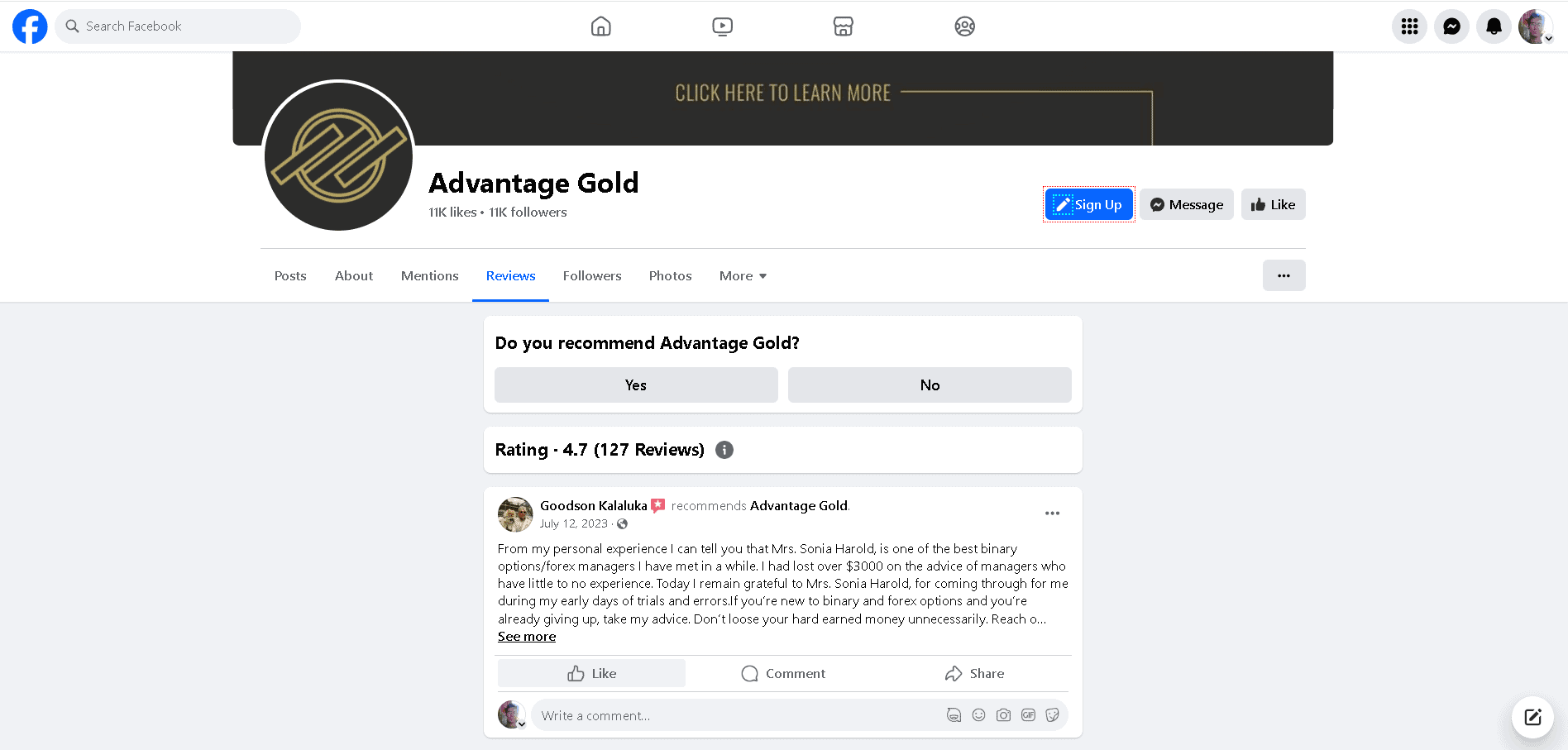 Advantage Gold Facebook profile and customer reviews