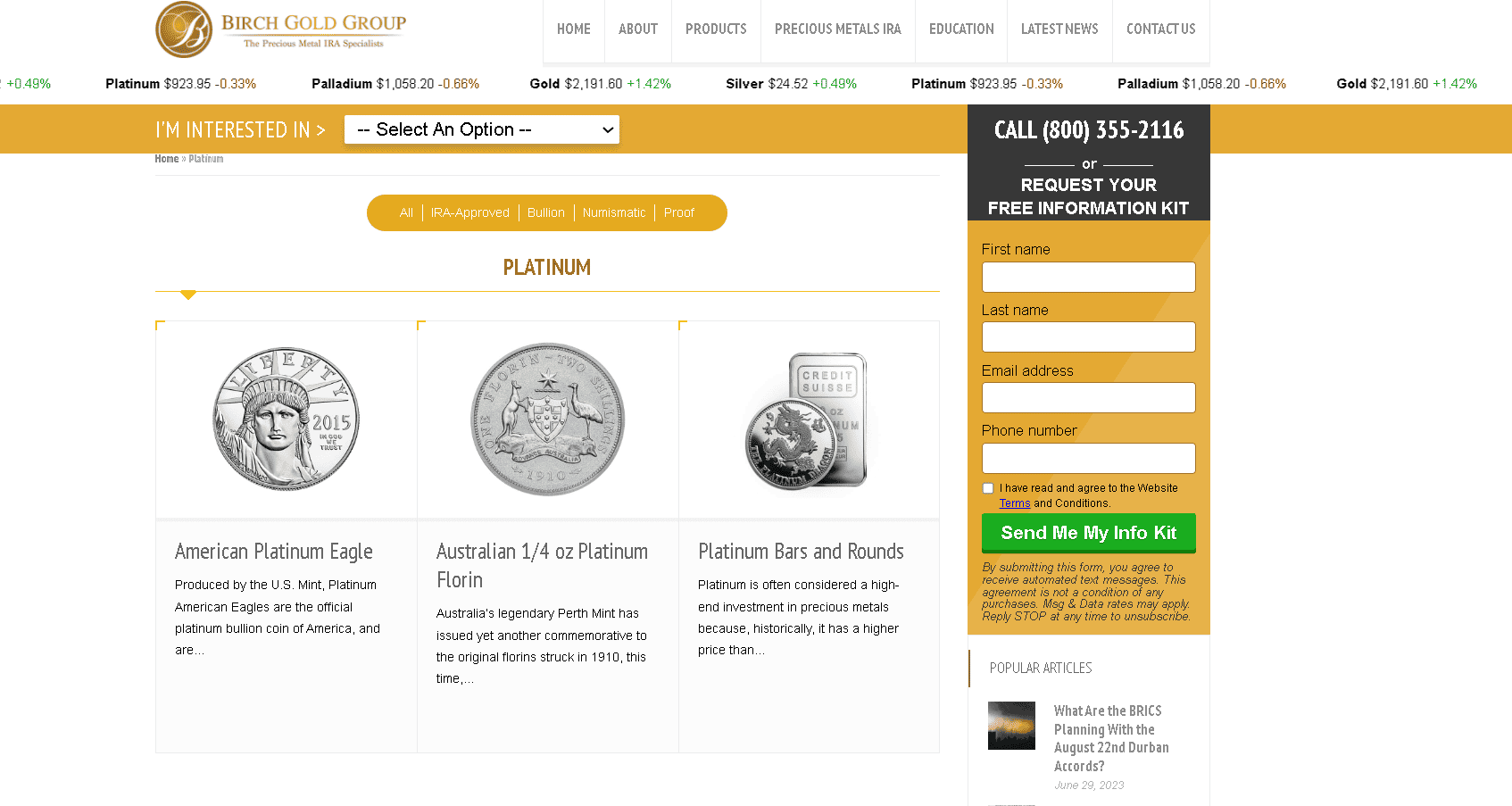 Birch Gold Group sell platinum coins and bars