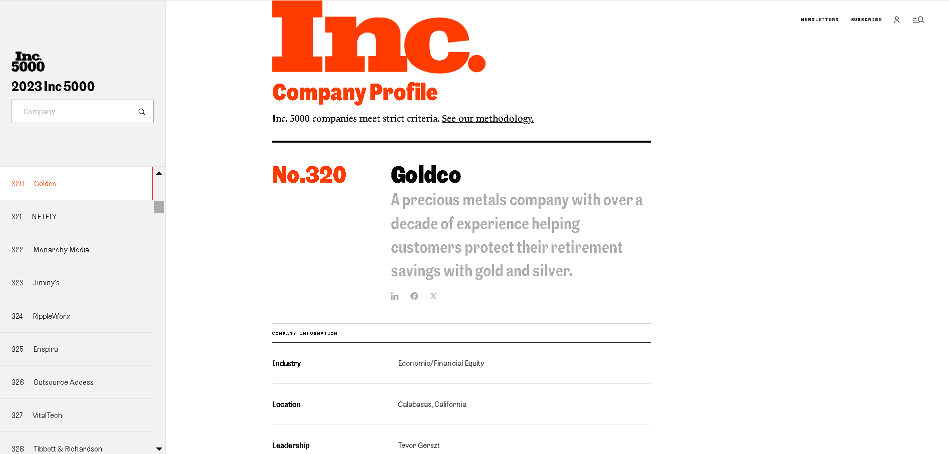 Goldco have been included on the Inc 5000 best companies list