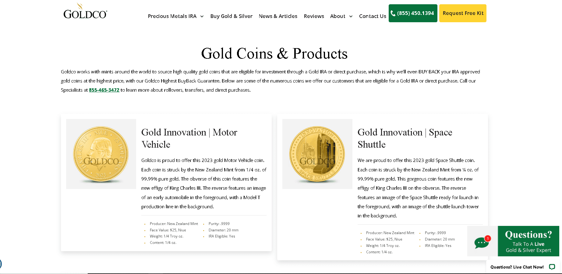 Gold coins and bars that Goldco Precious Metals offer on their website