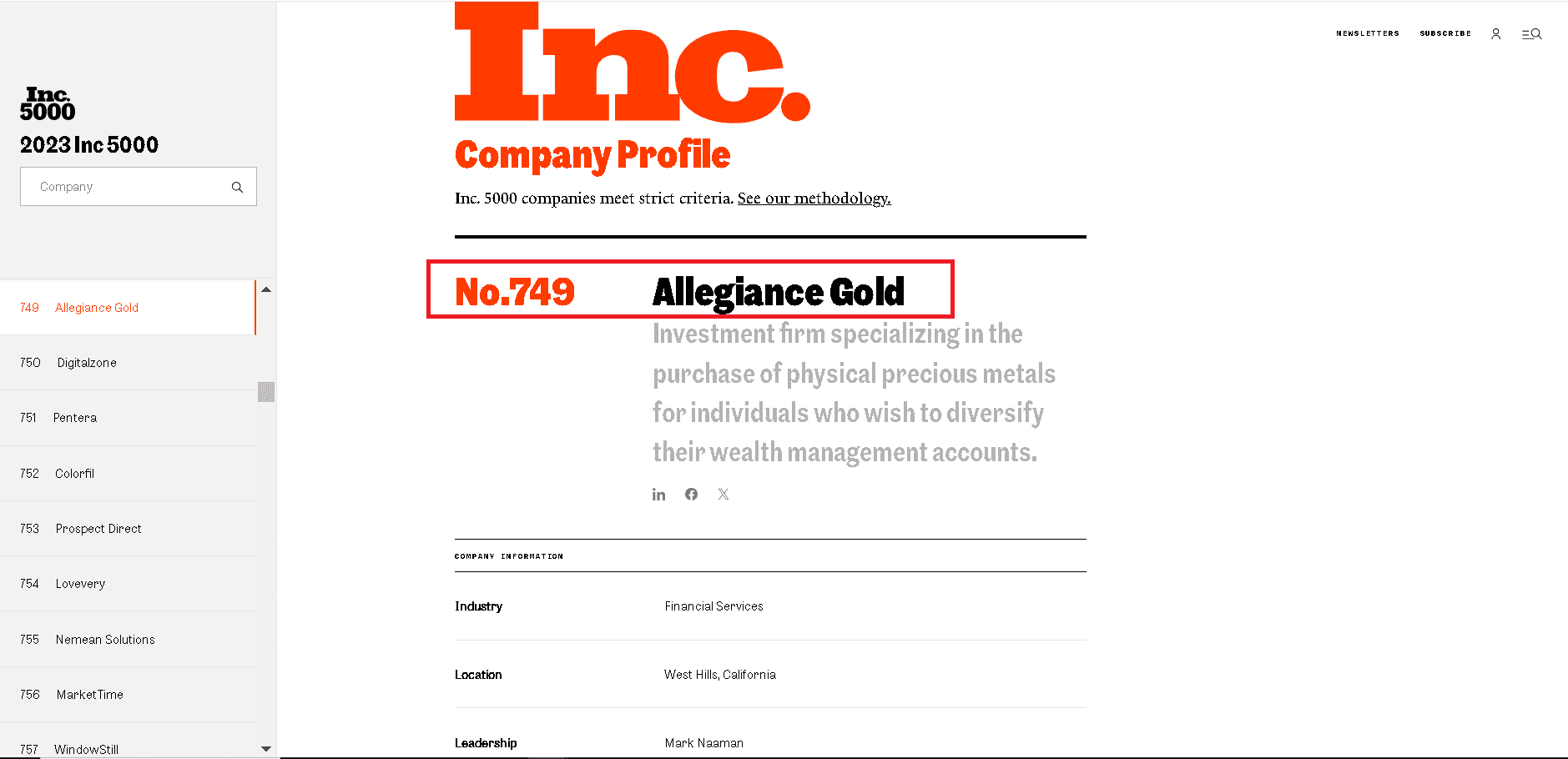 Inc 5000 has Allegiance Gold high on that list