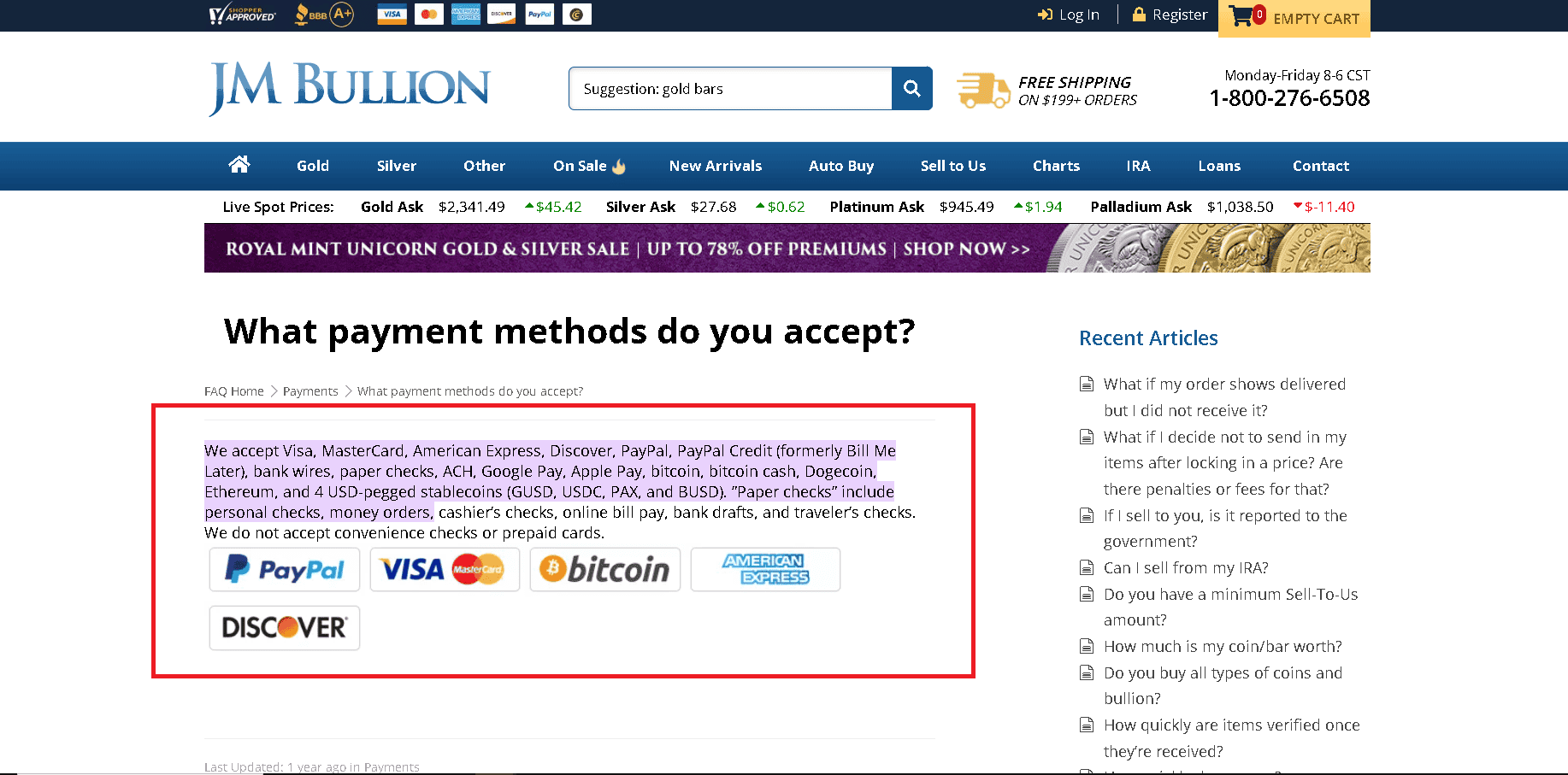 JM Bullion accepted payment methods