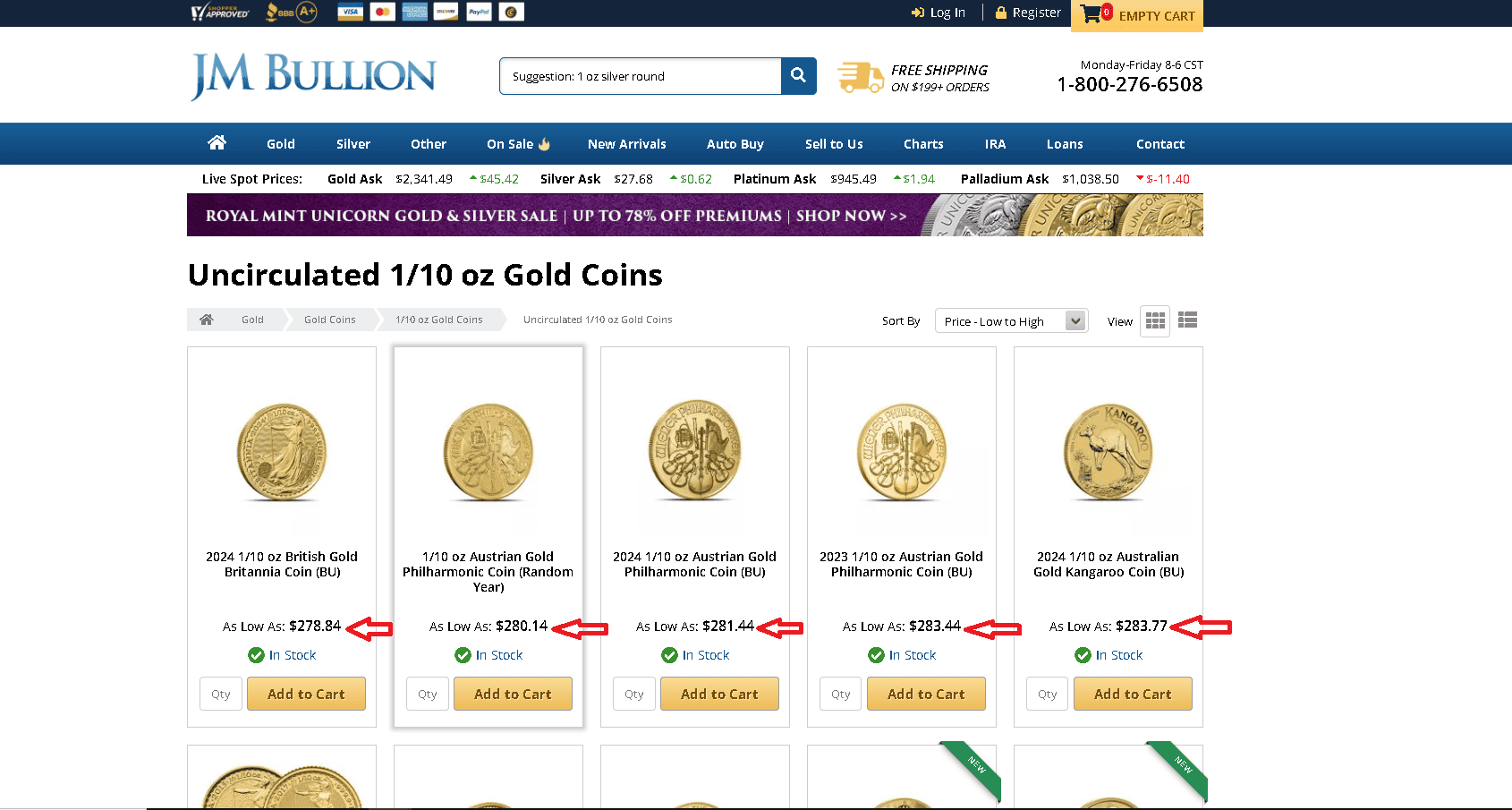 JM Bullion live prices for their products